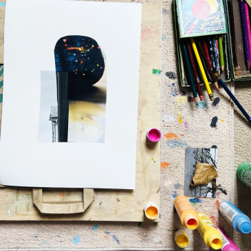 art, paint, colored pencils, studio shot, works on paper